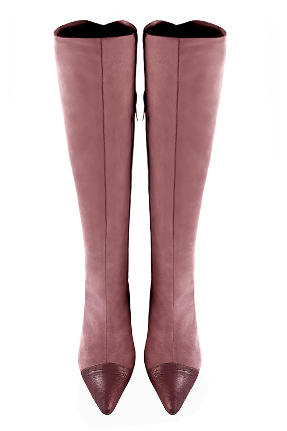 Burgundy red and dusty rose pink women's knee-high boots, with laces at the back. Tapered toe. High block heels. Made to measure. Top view - Florence KOOIJMAN